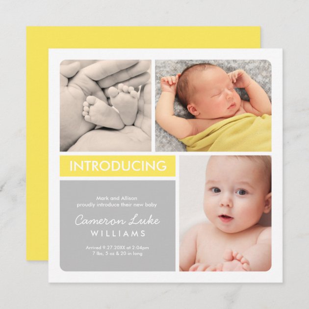 Multi-Photo Birth Announcement Card | Yellow Gray