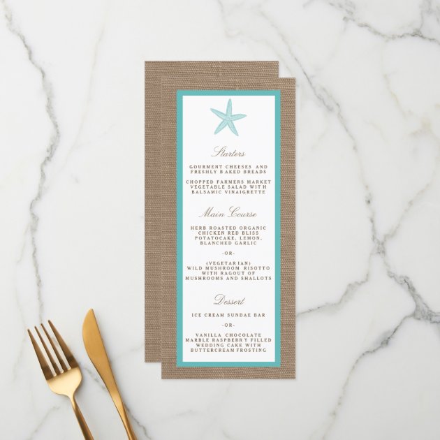 Turquoise Starfish Burlap Beach Wedding Collection Menu