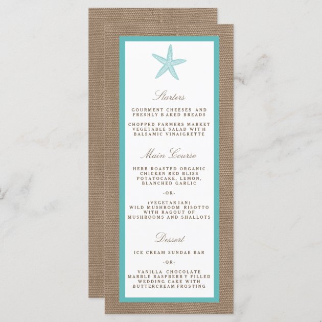 Turquoise Starfish Burlap Beach Wedding Collection Menu