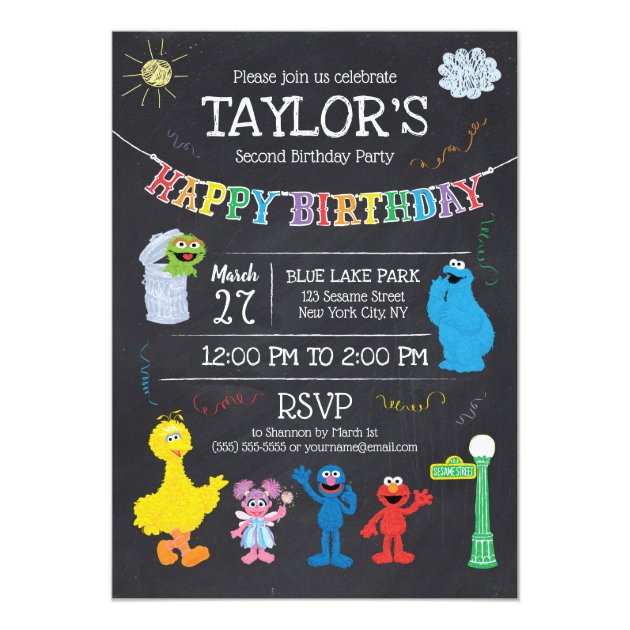 Sesame Street Pals Chalkboard Rainbow Birthday Invitation