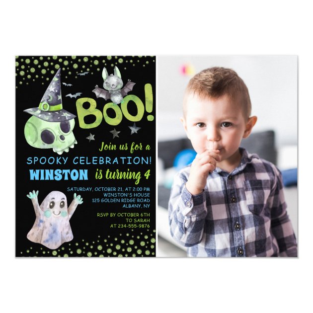 Spooky Green Skull Boy Halloween Birthday Photo Invitation