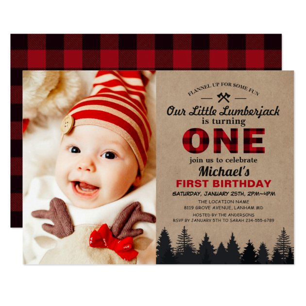 Little Lumberjack First Birthday Party Baby Photo Invitation
