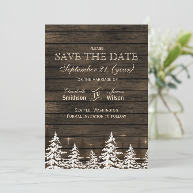 Barnwood Rustic Pine Trees, Winter Save The Dates Save The Date