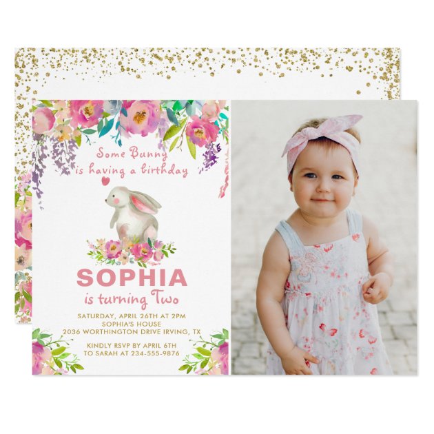 Watercolor Pink Floral Some Bunny Birthday Photo Invitation