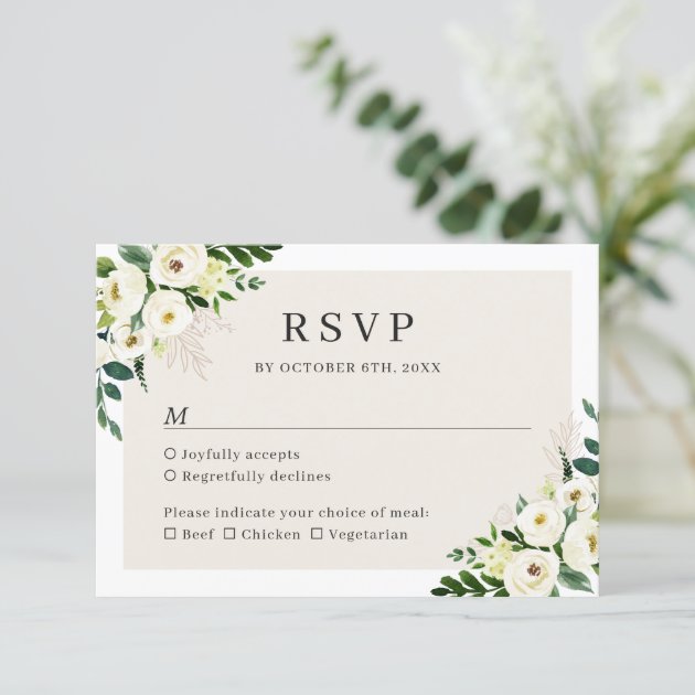 Ivory White Greenery Floral Elegant Wedding RSVP Card