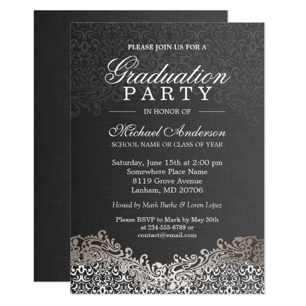 Elegant Silver Damask Grad Graduation Party Invitation