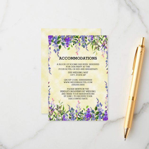 Watercolor Lavender Floral  Yellow Accommodations Enclosure Card