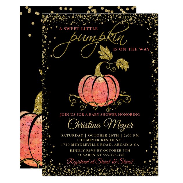 Stylish Black Gold Glitter Pumpkin Baby Shower Invitation