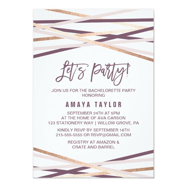 Purple Blush And Rose Gold Streamers Let's Party Invitation