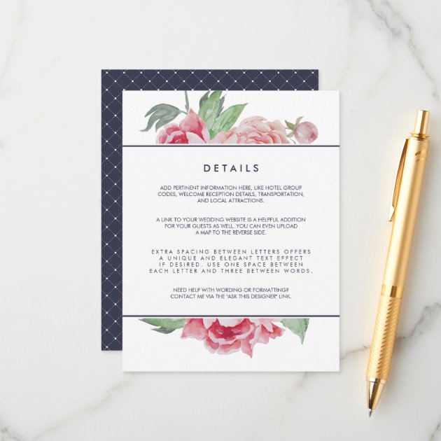 Antique Peony Wedding Guest Details Card