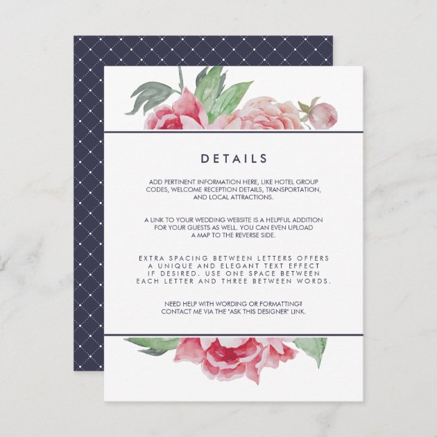 Antique Peony Wedding Guest Details Card