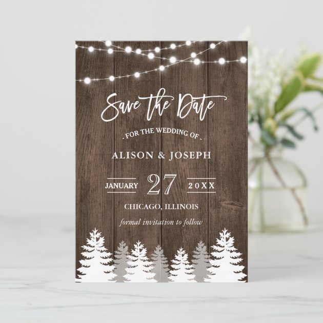 Rustic Wood String Lights Pine Tree Save The Date