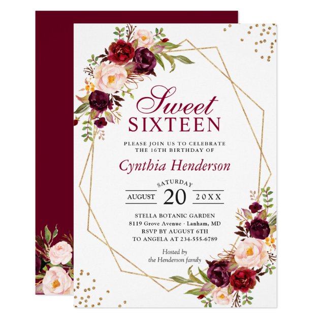 Blush Burgundy Floral Gold Frame Sweet Sixteen 16 Invitation