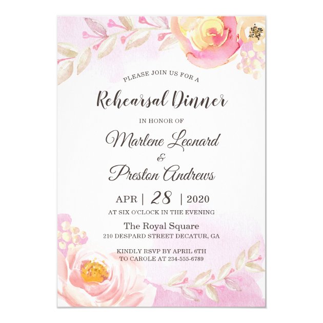 Trendy Pink & Gold Floral Garden Rehearsal Dinner Invitation