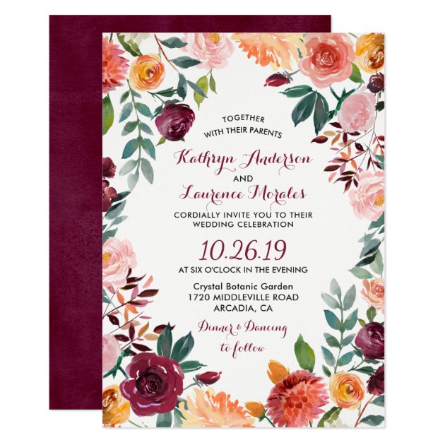 Marsala Blush Pink Botanical Flower Wreath Wedding Card
