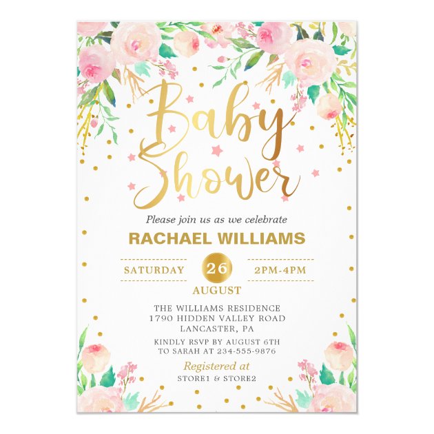 Elegant Watercolor Floral Pink & Gold Baby Shower Invitation