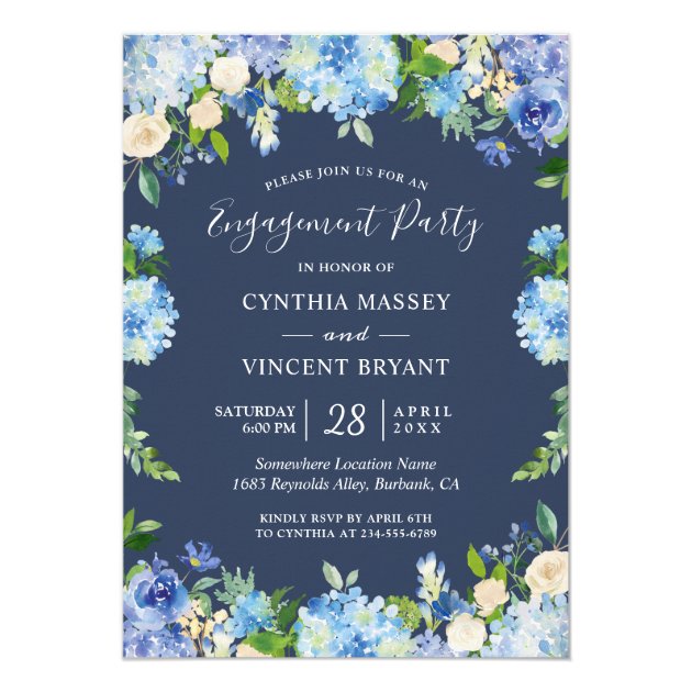 Navy Blue Hydrangeas Floral Engagement Party Card