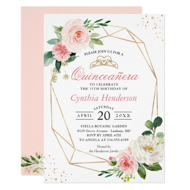 Modern Blush Pink Floral Quinceañera 15th Birthday Invitation