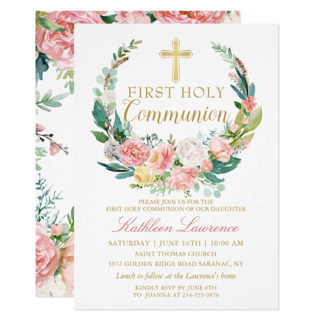 Pink Floral Greenery Wreath First Holy Communion Invitation