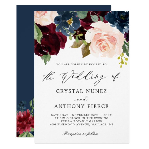 Simple Luxurious Burgundy Navy Floral Wedding Invitation