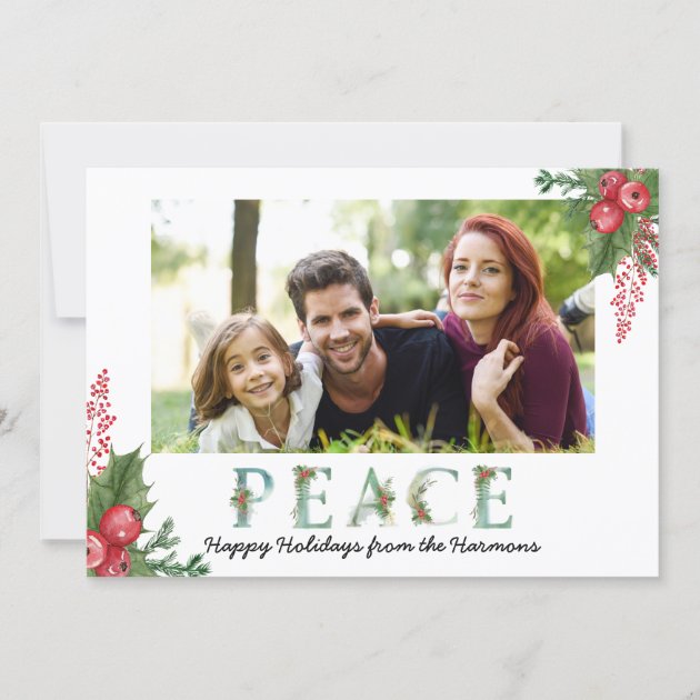 Peace Watercolor Holly Berries Christmas Photo Holiday Card
