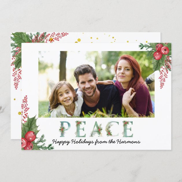 Peace Watercolor Holly Berries Christmas Photo Holiday Card