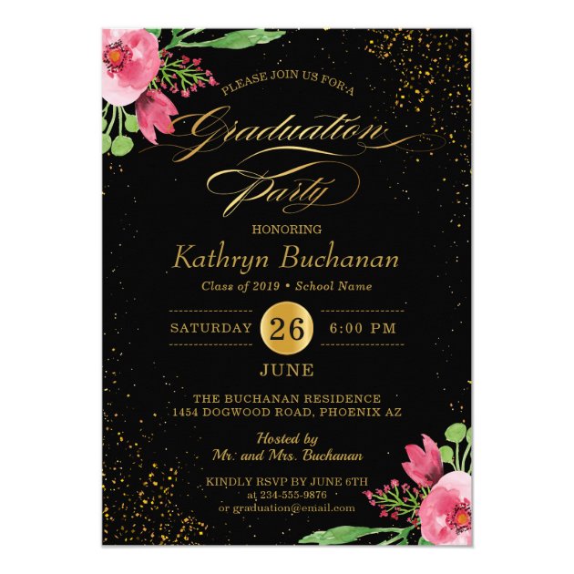 Modern Black Pink Floral Photo Graduation Party Card