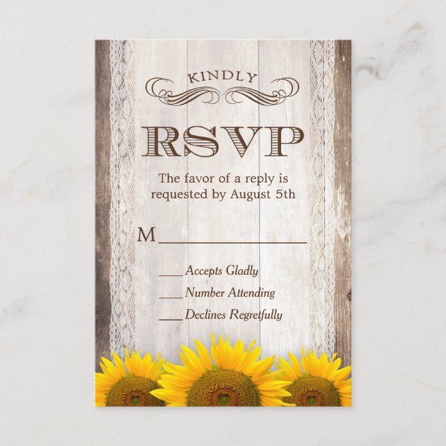 Rustic Country Lace Barn Wood Sunflower RSVP Card