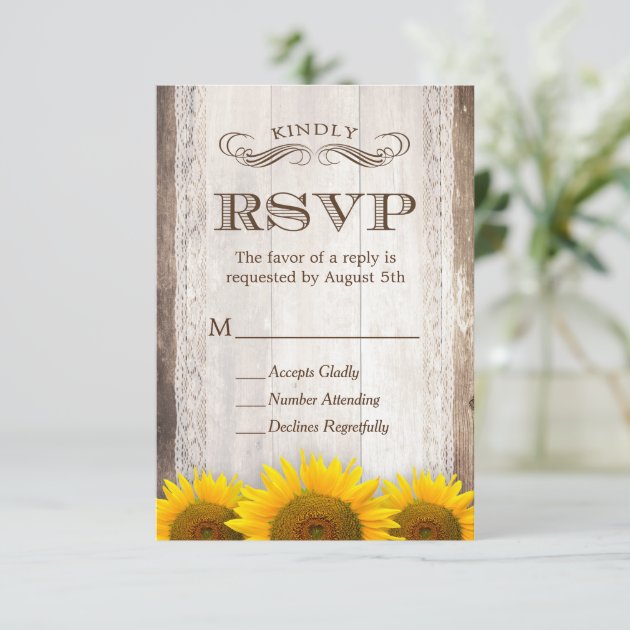 Rustic Country Lace Barn Wood Sunflower RSVP Card