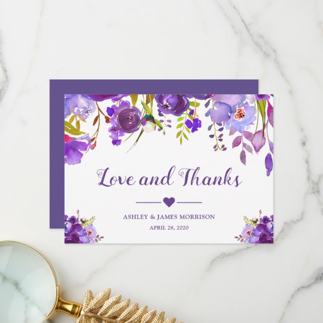 Love And Thanks Violet Purple Watercolor Floral Thank You Card