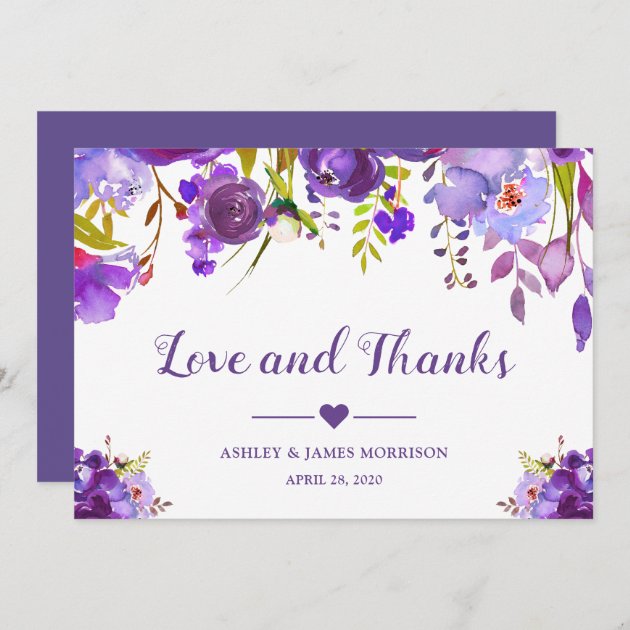 Love And Thanks Violet Purple Watercolor Floral Thank You Card