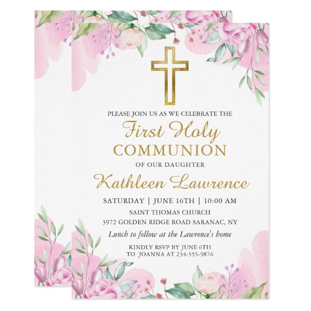 Watercolor Pink Floral Girl First Holy Communion Invitation