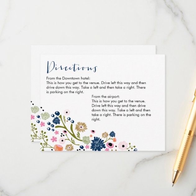 Pretty Bouquet Floral Directions Info Card Navy
