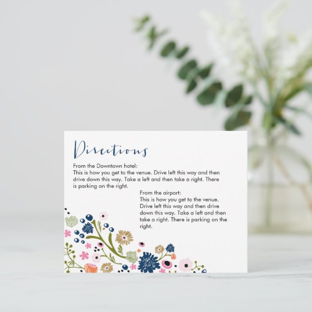 Pretty Bouquet Floral Directions Info Card Navy