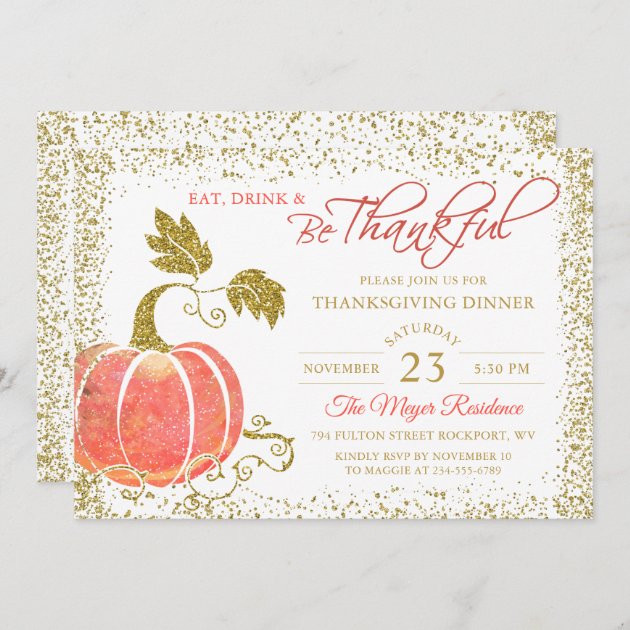 Pumpkin Glitter Thanksgiving Dinner Invitation