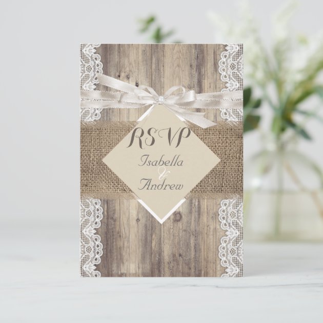 Rustic Wedding Beige White Lace Wood RSVP