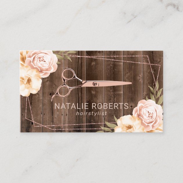 Hair Stylist Rose Gold Scissor Rustic Floral Business Card (front side)