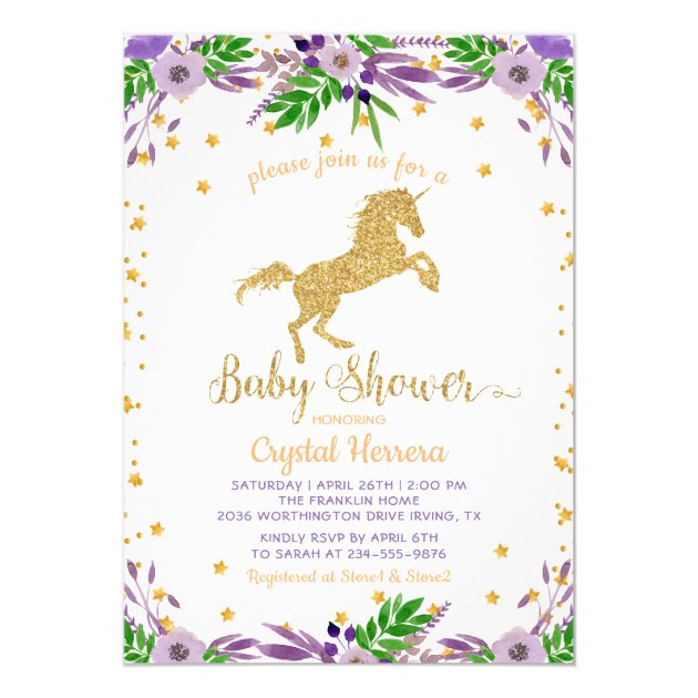 Elegant Watercolor Floral Gold Unicorn Baby Shower Invitation