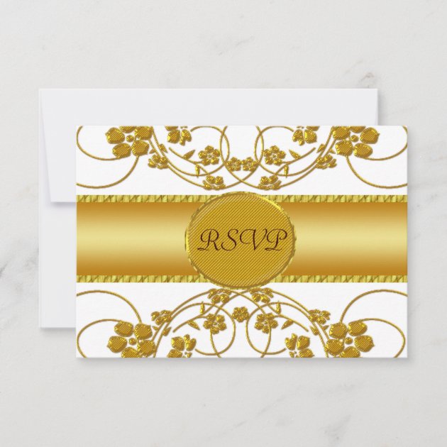 Gold & White Floral Wedding Monogram RSVP Card