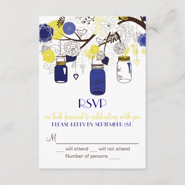 Navy Blue and Yellow Mason Jars RSVP Invitation