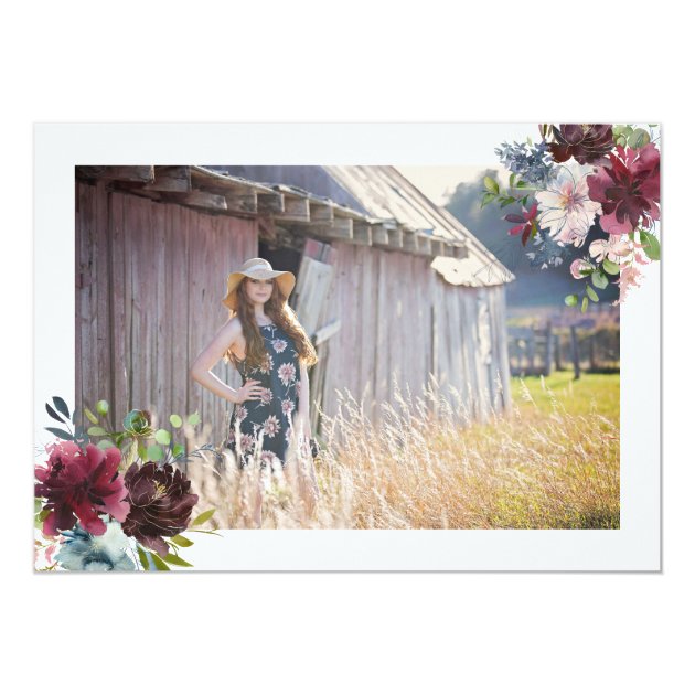 Burgundy And Blue Floral Graduation Party Photo Card