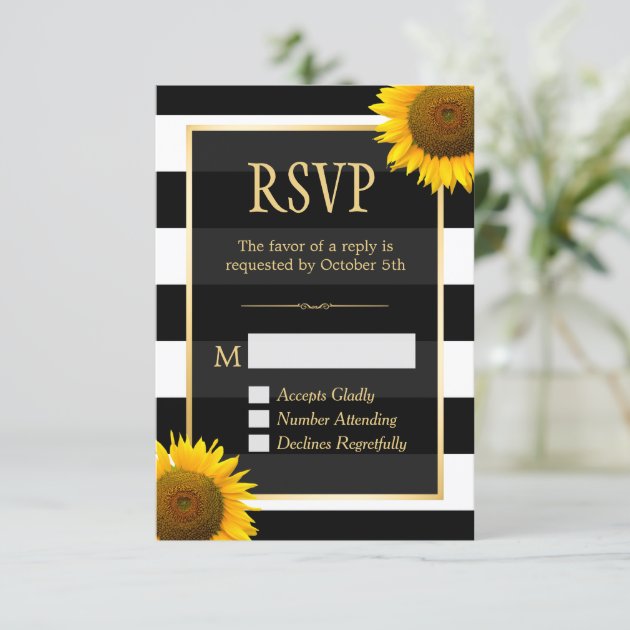 Wedding RSVP Rustic Sunflower Black White Striped
