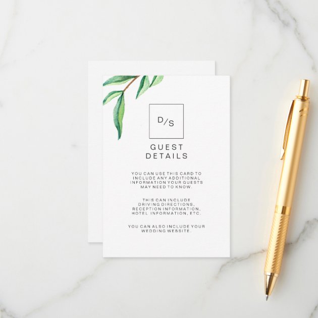 Minimalist Green Leaves Wedding Guest Details Enclosure Card