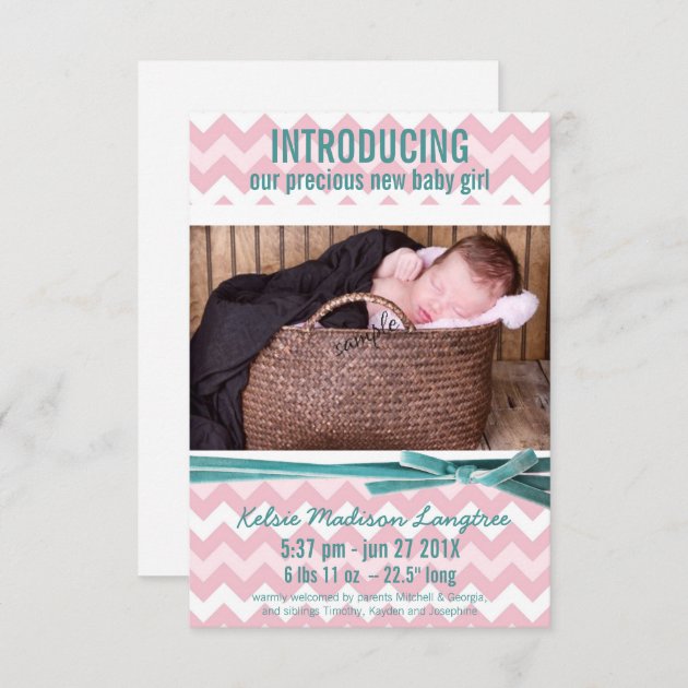 Baby Girl Pink And Teal Chevron Photo Announcement