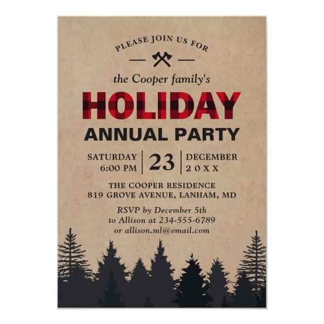 Lumberjack Red Buffalo Plaid Forest Holiday Party Invitation
