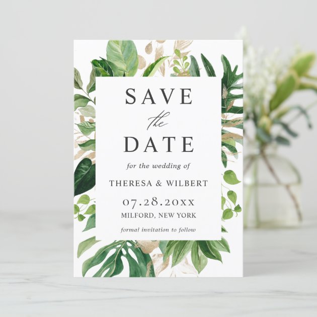 Watercolor Greenery Tropical Palm Leaves Wedding Save The Date