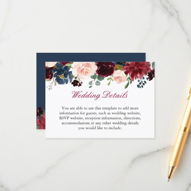 Burgundy Red Navy Blue Floral Wedding Details Info Enclosure Card