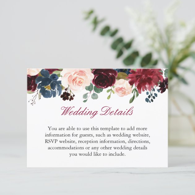 Burgundy Red Navy Blue Floral Wedding Details Info Enclosure Card