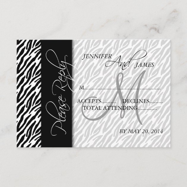 Wedding RSVP Cards Black Zebra Pattern Monogram