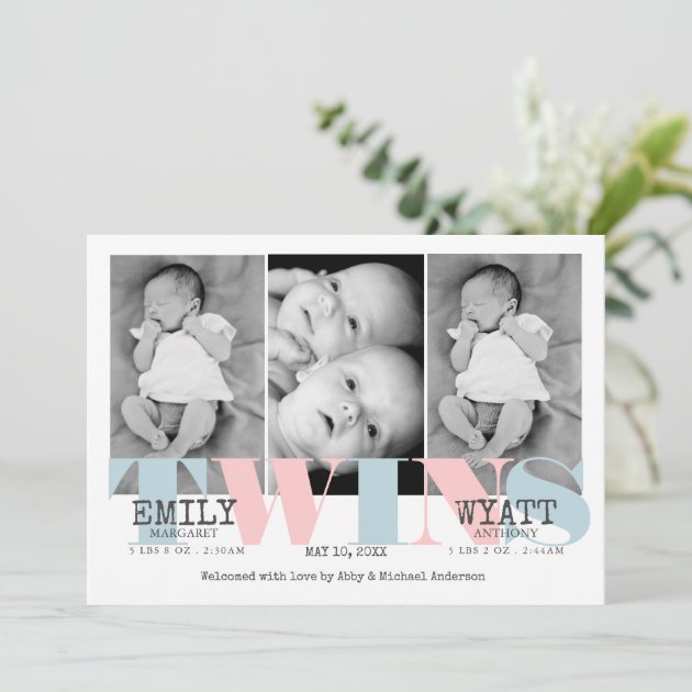 Pink | Blue Twins Baby Birth Announcement